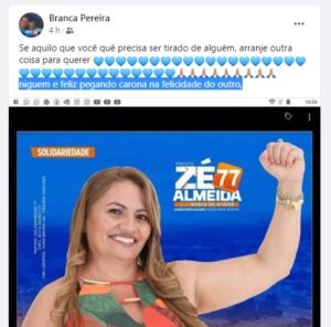 PRINT BRANCA 300x296 - Ex-primeira dama de Poço Dantas usa redes sociais para comemorar derrota da atual companheira do prefeito que perdeu na justiça eleitoral; ‘‘Ninguém é feliz pegando carona na felicidade do outro’’. VEJA