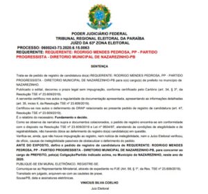 RODRIGO SENTENCA 300x279 - CONFIRMADO: Rodrigo Mendes e Chico Enfermeiro tem candidaturas de prefeito e vice deferidas pela 63ª Zona Eleitoral e estão aptos para a disputa em Nazarezinho