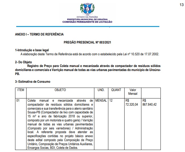 Com licitação ‘‘salgada’’, prefeitura de Uiraúna pretende gastar mais R$ 70 mil por mês com contratação de empresa de lixo; VEJA licitacao lixo una - Com licitação ‘‘salgada’’, prefeitura de Uiraúna pretende gastar mais R$ 70 mil por mês com contratação de empresa de lixo; VEJA