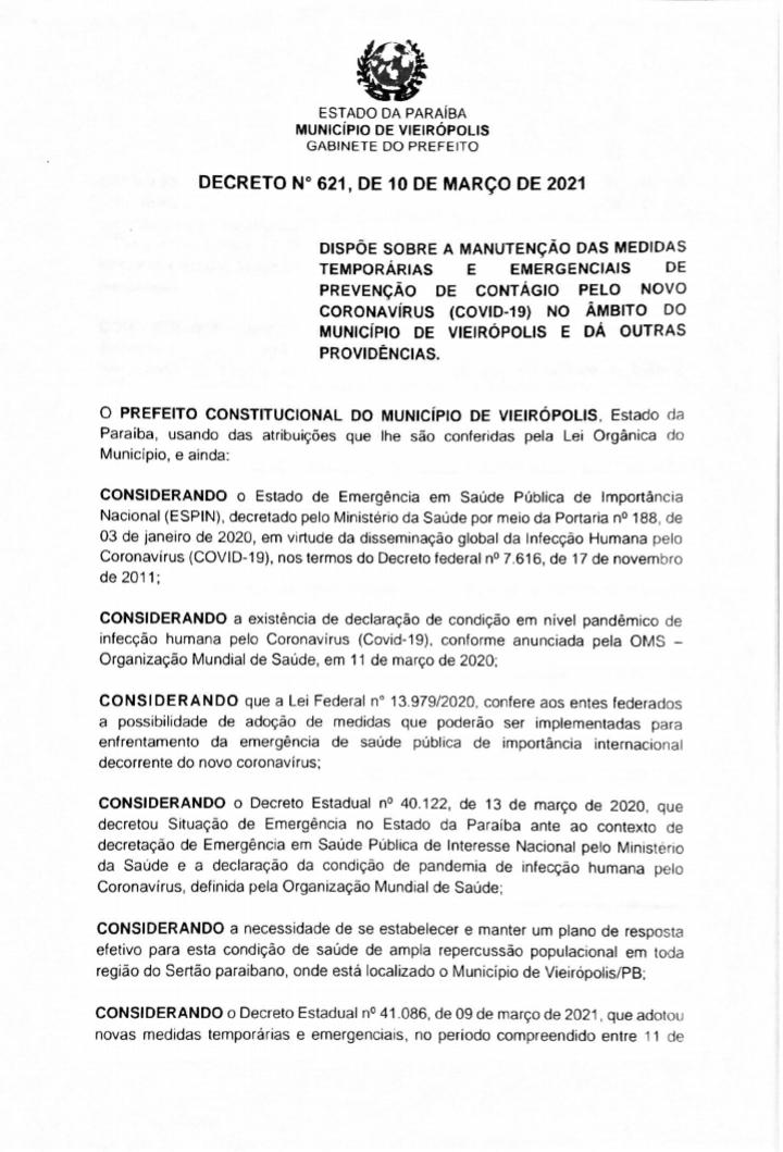 Prefeito de Vieirópolis publica decreto com novas medidas restritivas para conter o avanço da Covid-19 1 - Prefeito de Vieirópolis publica decreto com novas medidas restritivas para conter o avanço da Covid-19