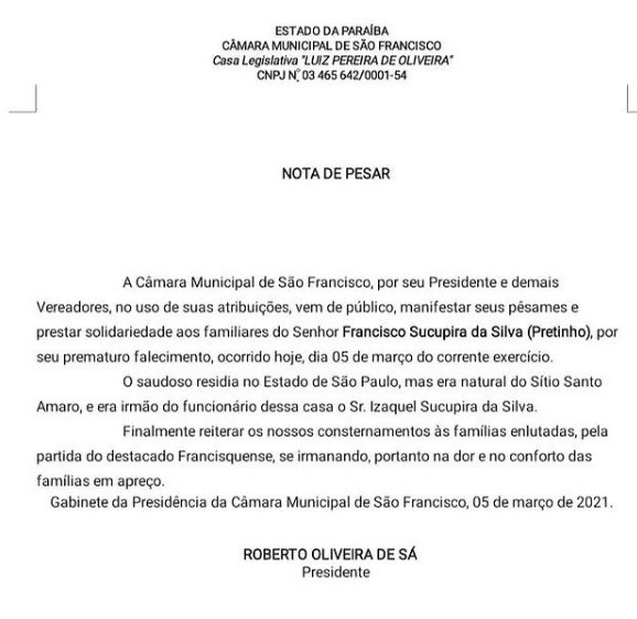 LUTO SF1 - Câmara Municipal de São Francisco emite nota de pesar pela morte do jovem Francisco Sucupira.