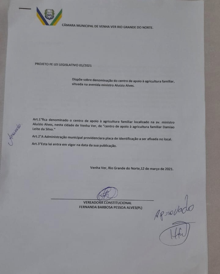 VENHA VER: Vereadores aprovam por unanimidade projeto de lei e ex-vereador Damião de Gustavo receberá homenagem com nome em Centro de Apoio para Agricultura Familiar P1 - VENHA VER: Vereadores aprovam por unanimidade projeto de lei e ex-vereador Damião de Gustavo receberá homenagem com nome em Centro de Apoio para Agricultura Familiar