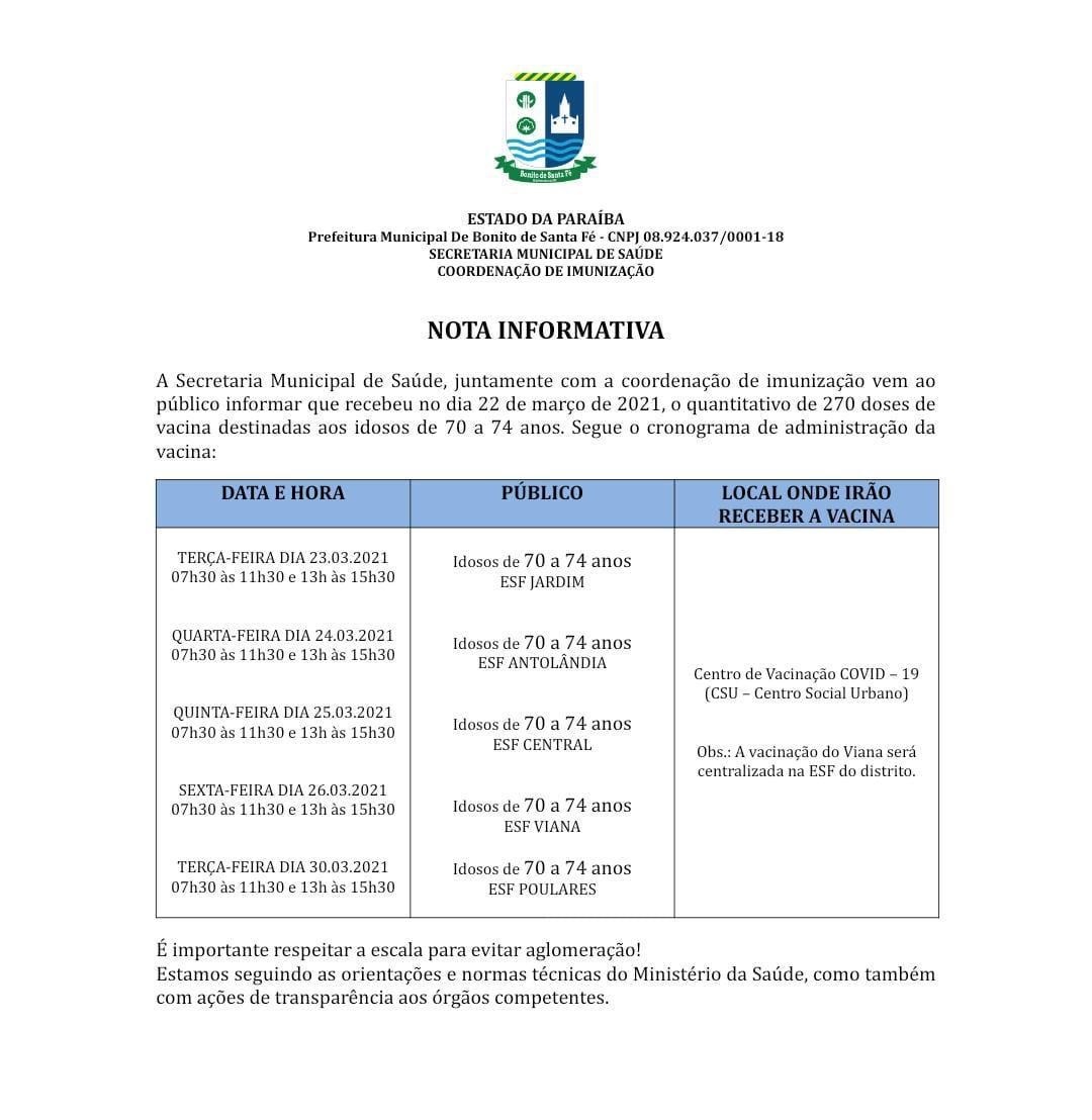 Prefeitura de Bonito de Santa Fé inicia vacinação contra Covid-19 para idosos a partir de 70 anos VACINA BONITO 3 NOTA - Prefeitura de Bonito de Santa Fé inicia vacinação contra Covid-19 para idosos a partir de 70 anos