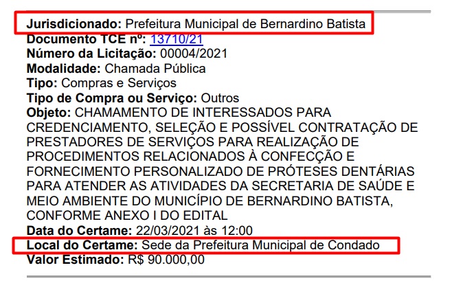 licitacao bb2 - PRA NINGUÉM FICAR BANGUELO: Prefeitura de Bernardino Batista quer gastar R$ 90 mil com próteses dentárias; VEJA.