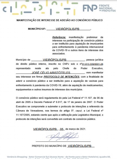 vieiropolis doc vacina - VIEIRÓPOLIS: Prefeito Célio da Usina assina protocolo de intenção para adquirir vacinas contra Covid-19 por meio de consórcio nacional de municípios