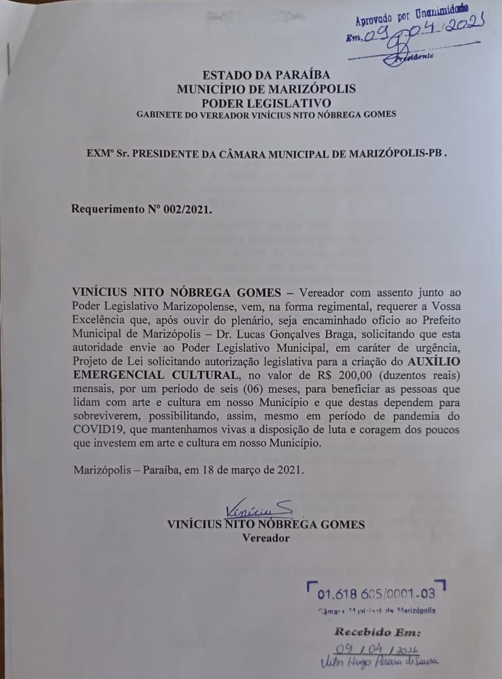 MARIZOPOLIS1 - Presidente da Câmara Vinícius Gomes defende criação de Auxílio Emergencial Municipal para o setor cultural em Marizópolis.