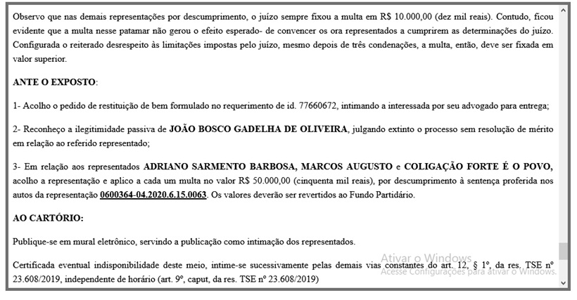 extrato - VIX : Justiça eleitoral aplica multa de R$ 150 Mil Reais a candidatos a prefeito e vice derrotados nas eleições de 2020 no município de São Francisco.