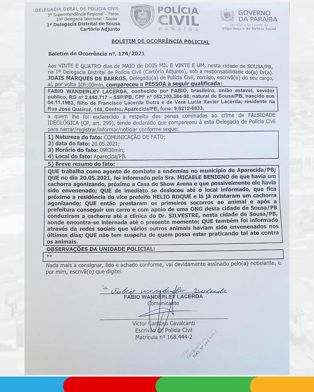 Coordenação da Vigilância Ambiental da prefeitura de Aparecida abre BO na Policia Civil para denunciar casos de envenenamento e mortes de cachorros e gatos na cidade. BO APARECIDA - Coordenação da Vigilância Ambiental da prefeitura de Aparecida abre BO na Policia Civil para denunciar casos de envenenamento e mortes de cachorros e gatos na cidade.