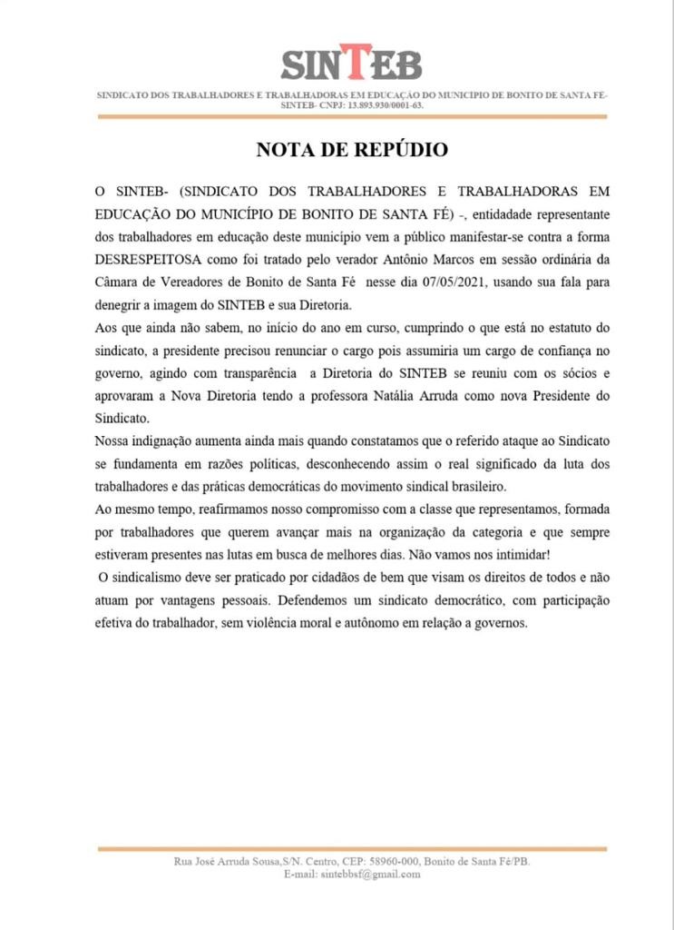 Sindicato dos Trabalhadores de Bonito de Santa Fé emite nota de repúdio contra crítica de vereador durante sessão ao tachar entidade de ‘FULERA’ NOTA SINDICATO - Sindicato dos Trabalhadores de Bonito de Santa Fé emite nota de repúdio contra crítica de vereador durante sessão ao tachar entidade de ‘FULERA’