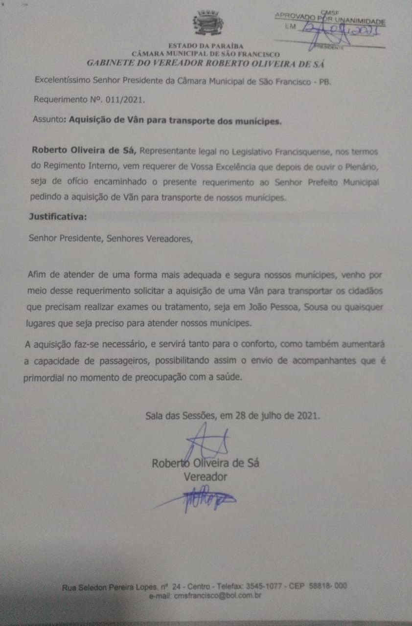 REQUERIMENTO ROBERTO - Vereador apresenta requerimento solicitando transporte (VAN) para pacientes realizar exames e tratamentos fora do município