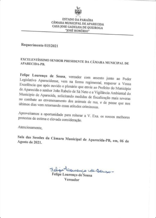 r1 - EM APARECIDA: Vereador apresenta dois requerimentos voltados para causa animal e são aprovados; VEJA.