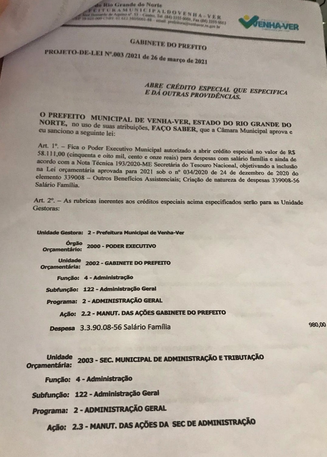 doc vv - PERSEGUIÇÃO: Vereadores de oposição do município de Venha-Ver rejeitam projeto do prefeito que solicitava salário família.