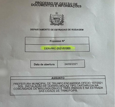 SEGURANÇA: Prefeito de Triunfo solicita ao DER redutores de velocidade na PB 411 oficio - SEGURANÇA: Prefeito de Triunfo solicita ao DER redutores de velocidade na PB 411