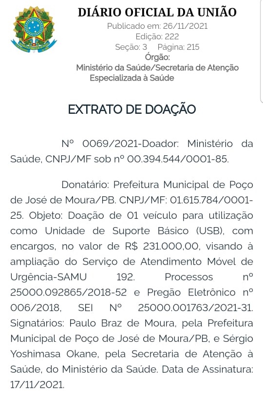 pjm samu - Poço José de Moura: Prefeito Paulo Braz recebe doação de uma ambulância para o SAMU que será inaugurado em breve no município.