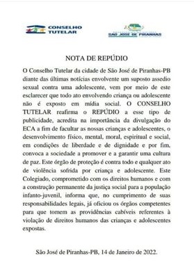 nota 1 - Conselho Tutelar de São José de Piranhas emite nota de repúdio contra vereador acusado de suposto assédio sexual por envio de imagem pornográfica a menor de 13 anos; VEJA