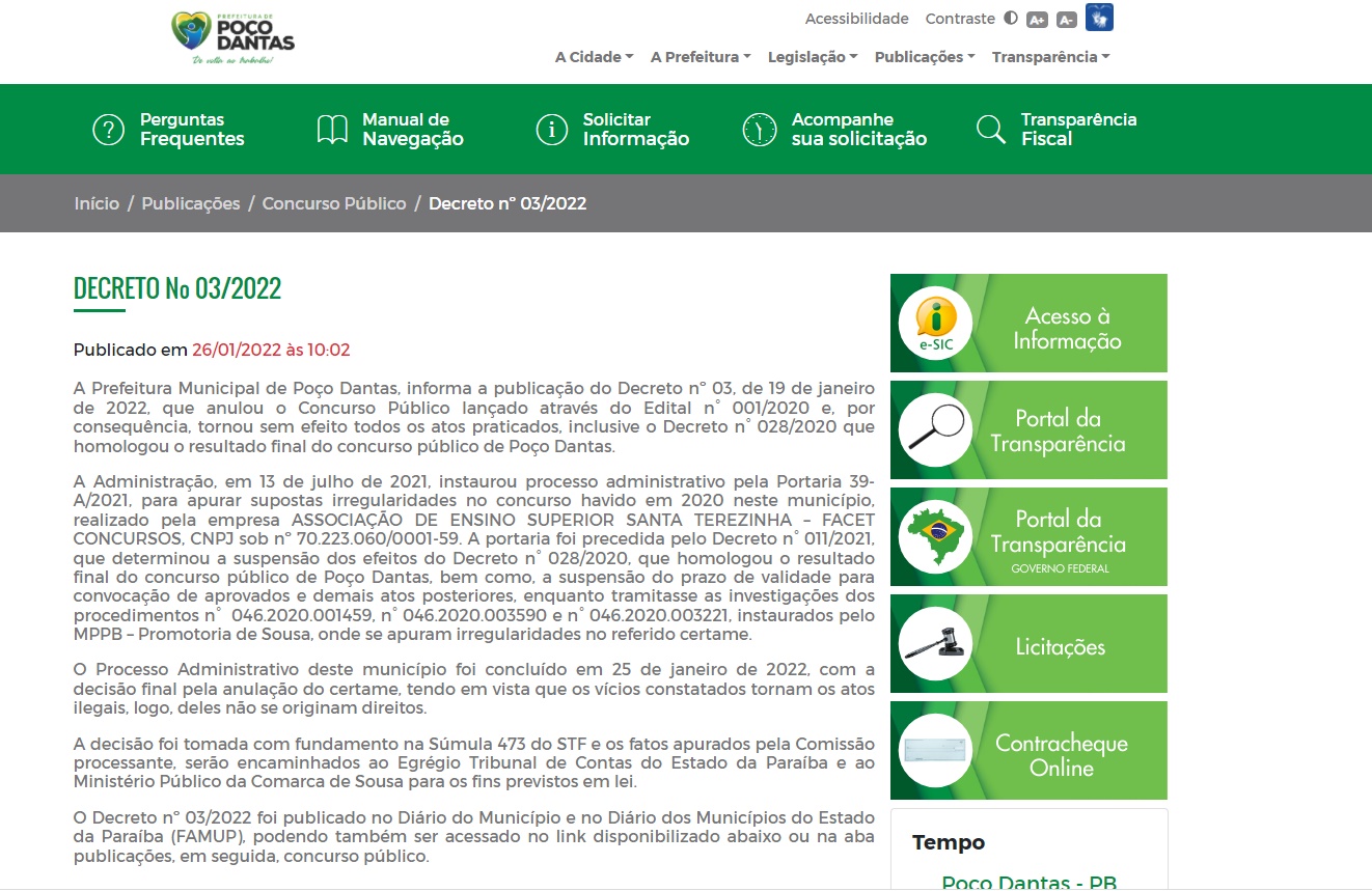 site - Prefeito de Poço Dantas, PB, anula decreto de ex-gestor que convocava aprovados em concurso de 2020.