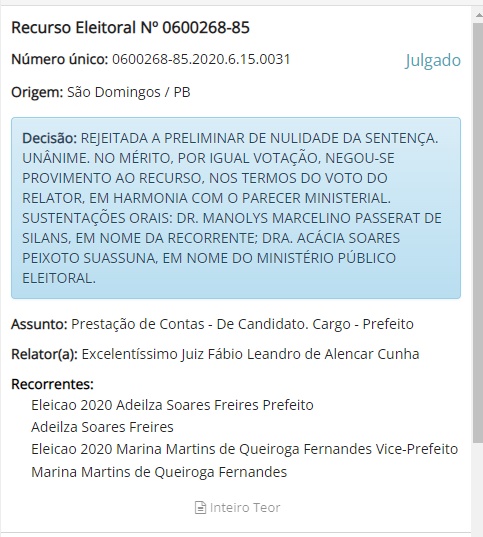 TRE - TRE-PB nega recurso e mantém desaprovadas contas de prefeita e vice eleitas no município de São Domingos