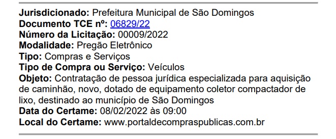 sao domingos - COFRES CHEIOS: Prefeitura de São Domingos anuncia licitação para compra de caminhão compactador de lixo em mais de R$500 mil.