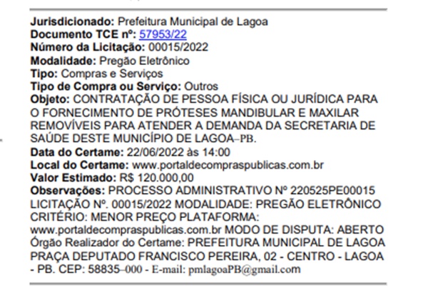 lagoa1 - TUDO ISSO? Com próteses dentárias, Prefeitura de Lagoa anuncia licitação e estima gastar R$ 120 mil reais.