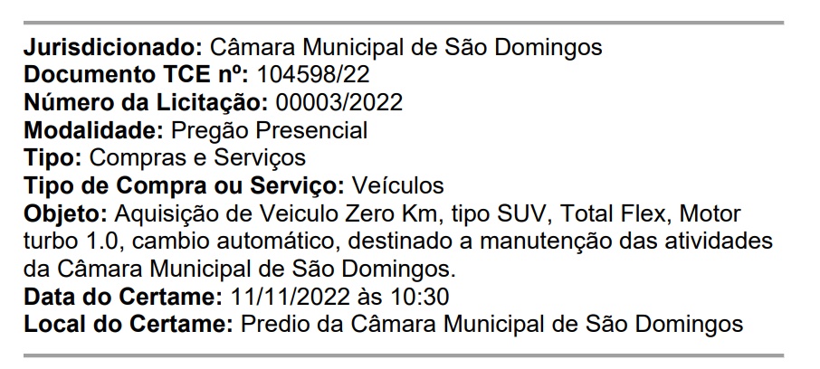 camarasd - Câmara de São Domingos deverá se livrar de contrato e anuncia licitação para compra de veículo zero KM