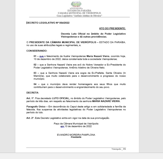 Em Vieirópolis: Câmara decreta Luto Oficial de três dias pelo falecimento da avó do vereador Neto de Santa LUTO2 - Em Vieirópolis: Câmara decreta Luto Oficial de três dias pelo falecimento da avó do vereador Neto de Santa