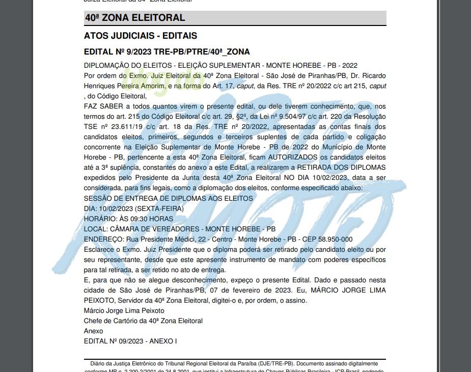 Exclusivo: TRE-PB anuncia cerimônia de diplomação e posse dos vereadores eleitos em eleição suplementar de Monte Horebe TRE 2 - Exclusivo: TRE-PB anuncia cerimônia de diplomação e posse dos vereadores eleitos em eleição suplementar de Monte Horebe
