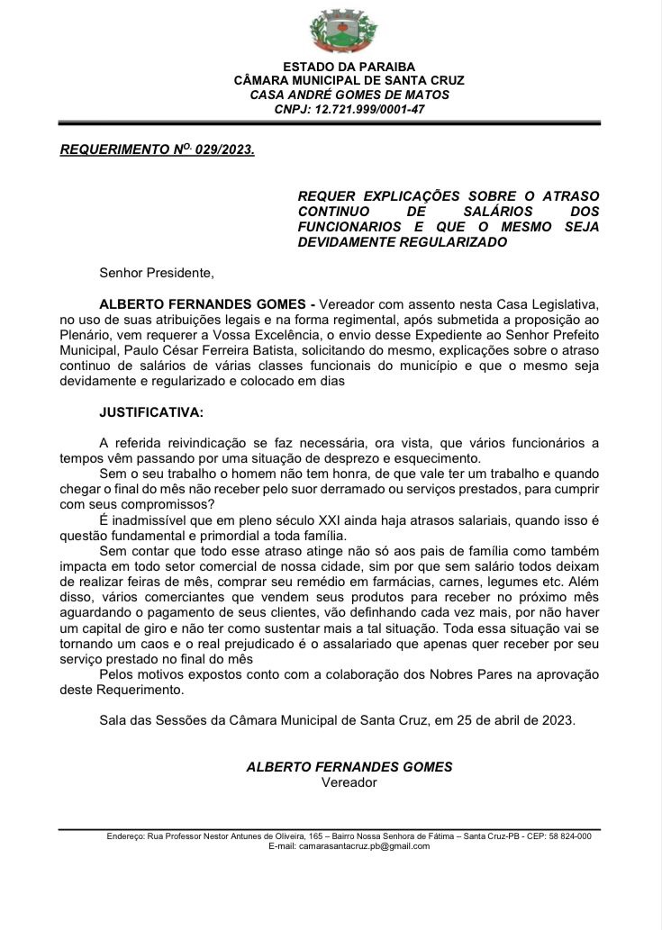 Em Santa Cruz: Vereador Alberto Gomes pede explicações sobre atraso de salários dos servidores da prefeitura. doc - Em Santa Cruz: Vereador Alberto Gomes pede explicações sobre atraso de salários dos servidores da prefeitura.