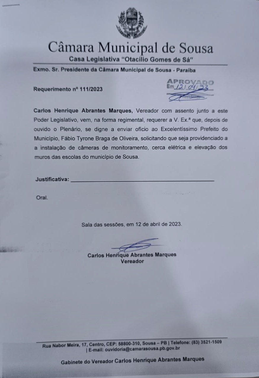 novinho 1 - Presidente Novinho de Carlão requer ações de segurança nas escolas da Rede Municipal de Ensino de Sousa