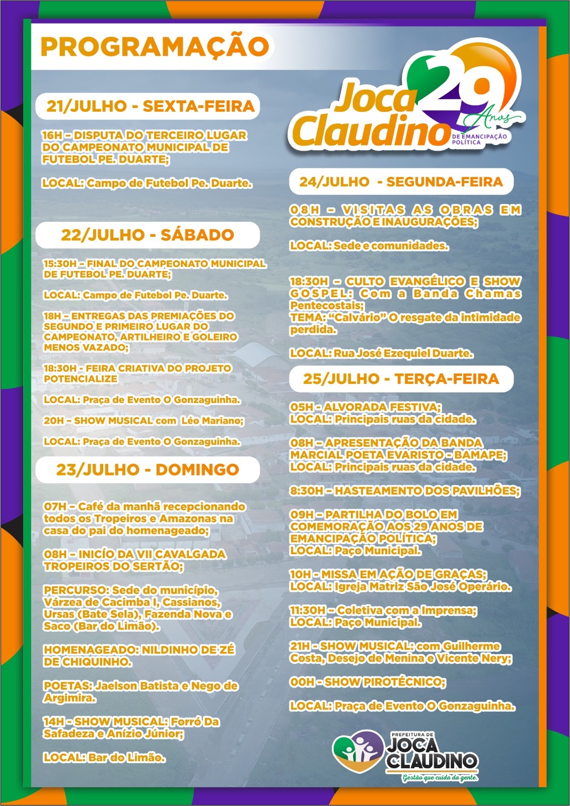 Prefeito Rinaldo Cipriano divulga programação oficial dos 29 anos de emancipação política de Joca Claudino. joca3 - Prefeito Rinaldo Cipriano divulga programação oficial dos 29 anos de emancipação política de Joca Claudino.