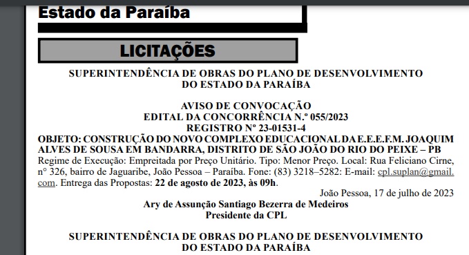 EDUCAÇÃO: Governo do Estado publica licitação para construção de escola na Bandarra; prefeito Luiz Claudino e vice Régis Morais agradecem empenho de Wilson Santiago e Chico Mendes diario oficial 1 - EDUCAÇÃO: Governo do Estado publica licitação para construção de escola na Bandarra; prefeito Luiz Claudino e vice Régis Morais agradecem empenho de Wilson Santiago e Chico Mendes