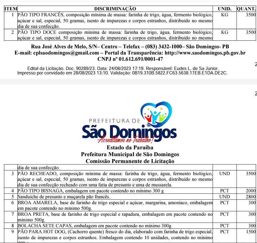 1 3 - TUDO ISSO? Prefeitura de São Domingos pretende comprar mais de 10 mil kg de pães e 600 pacotes de broa