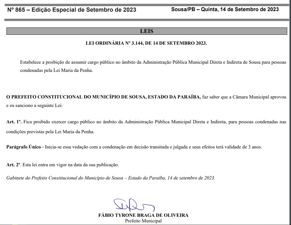 Condenado em primeira instância por agressão à ex-namorada, prefeito de Sousa sanciona lei que proíbe condenados na lei Maria da Penha a exercer cargos públicos na prefeitura de Sousa lei - Condenado em primeira instância por agressão à ex-namorada, prefeito de Sousa sanciona lei que proíbe condenados na lei Maria da Penha a exercer cargos públicos na prefeitura de Sousa