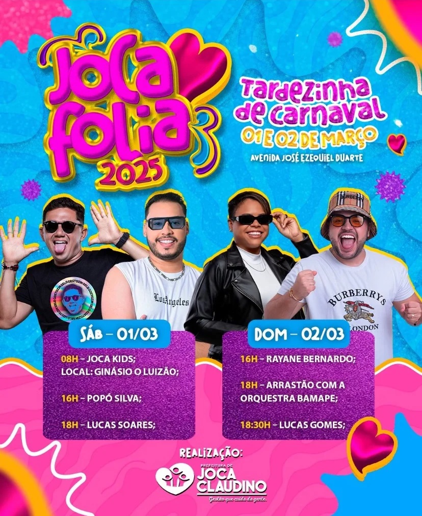 JOCA 1 - Joca Folia 2025: Prefeitura de Joca Claudino divulga programação oficial do Carnaval