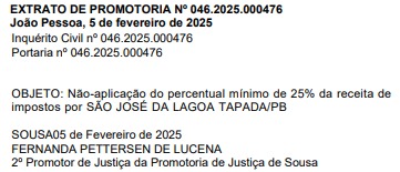 mp - Ex-prefeito de São José da Lagoa Tapada é investigado por suposto descumprimento da Lei de Investimento em Educação