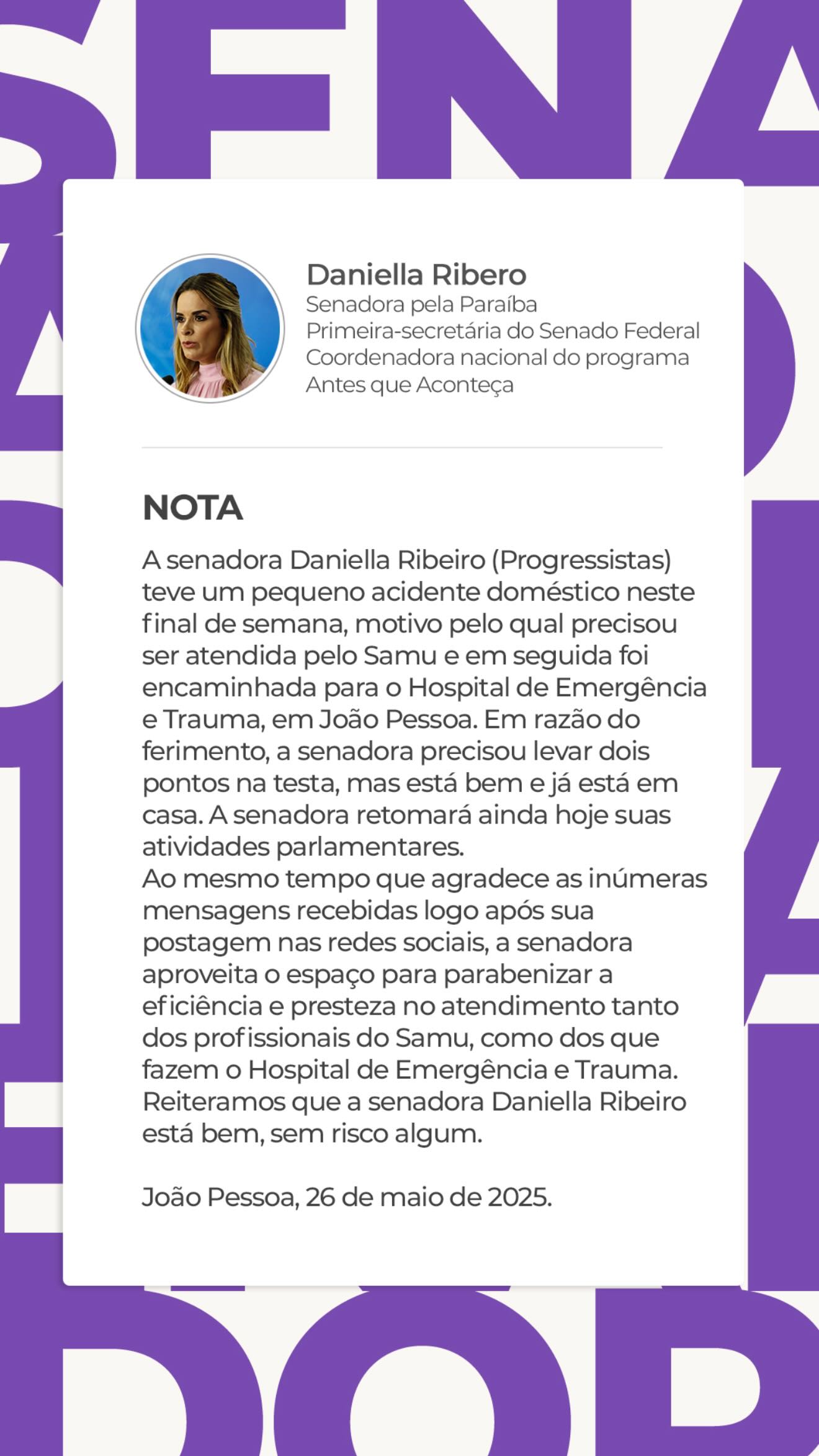 Senadora Daniella Ribeiro sofre acidente doméstico e recebe atendimento no Hospital de Trauma da capital 501275211 18509214454028084 6041519808023910082 n - Senadora Daniella Ribeiro sofre acidente doméstico e recebe atendimento no Hospital de Trauma da capital
