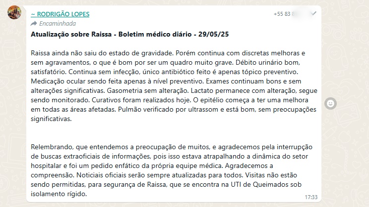 Sousense que teve 100% do corpo queimado em explosão de gás em João Pessoa apresenta discretas melhoras em novo boletim médico boletim - Sousense que teve 100% do corpo queimado em explosão de gás em João Pessoa apresenta discretas melhoras em novo boletim médico