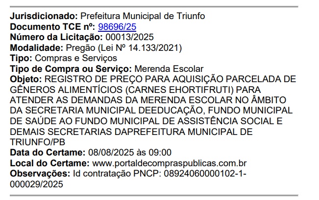 Mesmo na crise de bloqueios, prefeitura de Triunfo anuncia licitação de quase R$ 1 milhão para compra de alimentos licitacaot - Mesmo na crise de bloqueios, prefeitura de Triunfo anuncia licitação de quase R$ 1 milhão para compra de alimentos