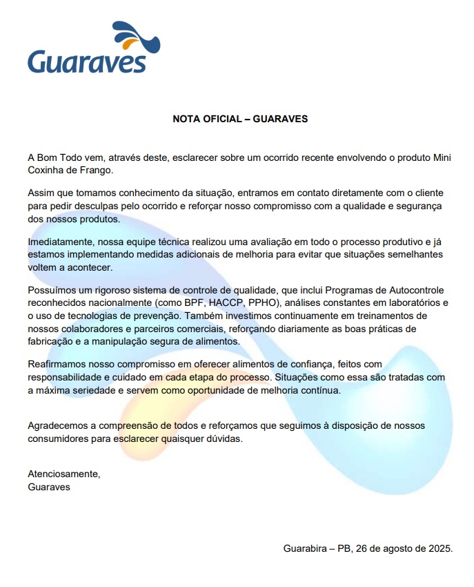Grupo Guaraves emite Nota Oficial sobre ocorrido com produto da Bom Todo na cidade de Sousa nota 1 - Grupo Guaraves emite Nota Oficial sobre ocorrido com produto da Bom Todo na cidade de Sousa