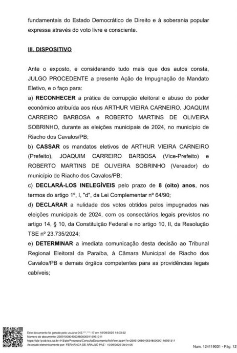 1 - ENROLADOS: Justiça Eleitoral cassa mandatos do prefeito, vice e vereador em Riacho dos Cavalos por corrupção