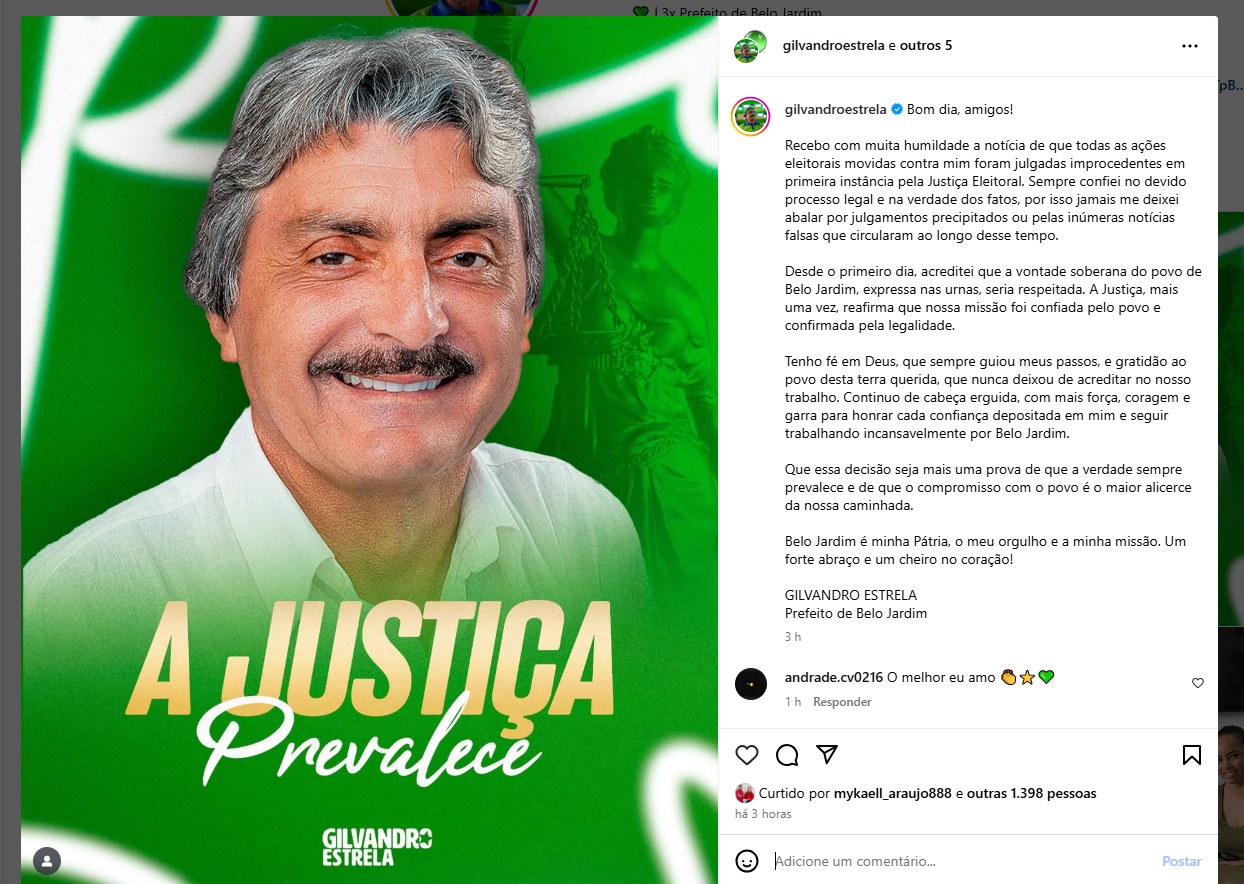 prefeito - Justiça Eleitoral rejeita ações e prefeito Gilvandro Estrela comemora decisão em Belo Jardim
