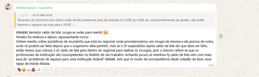 Discussão acalorada entre prefeito de Cachoeira dos Índios e vereador agita grupo de WhatsApp; VEJA 2c - Discussão acalorada entre prefeito de Cachoeira dos Índios e vereador agita grupo de WhatsApp; VEJA