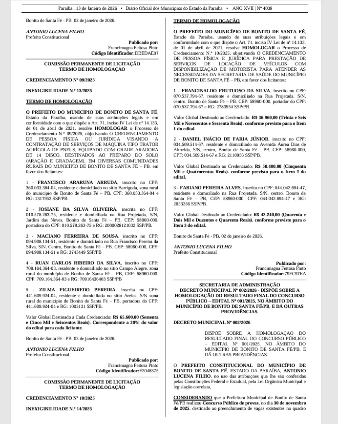 Prefeitura de Bonito de Santa Fé homologa concurso público e reforça compromisso com a legalidade e a valorização do serviço público PP1 - Prefeitura de Bonito de Santa Fé homologa concurso público e reforça compromisso com a legalidade e a valorização do serviço público