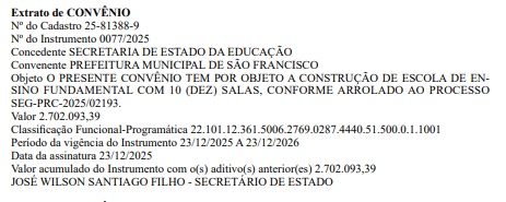 Prefeito Geroncio Junior comemora publicação de convênio para construção de escola com 10 salas em São Francisco SF - Prefeito Geroncio Junior comemora publicação de convênio para construção de escola com 10 salas em São Francisco